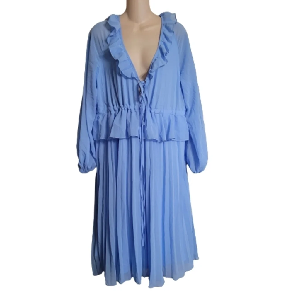 Boohoo Blue Pleated Long Sleeve Ruffle Midi Smock Dress Size Women's 6 NEW